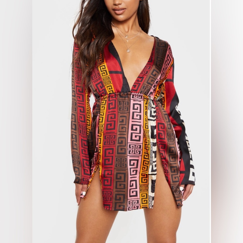 Aztec Print Long Sleeve Plunge Double Split Detail Bodycon Dress- Size 10